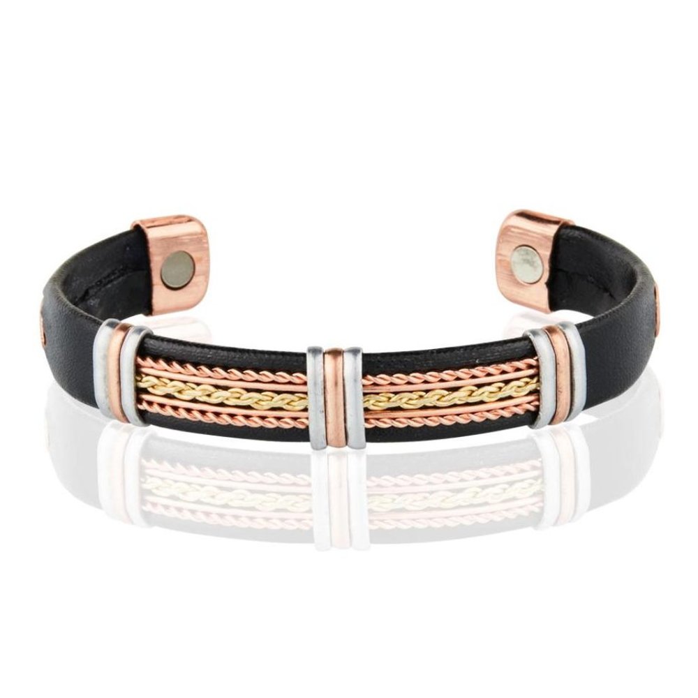Solid Copper Leatherette Magnetic Bracelet Arthritis Pain Therapy Cuff Bangle